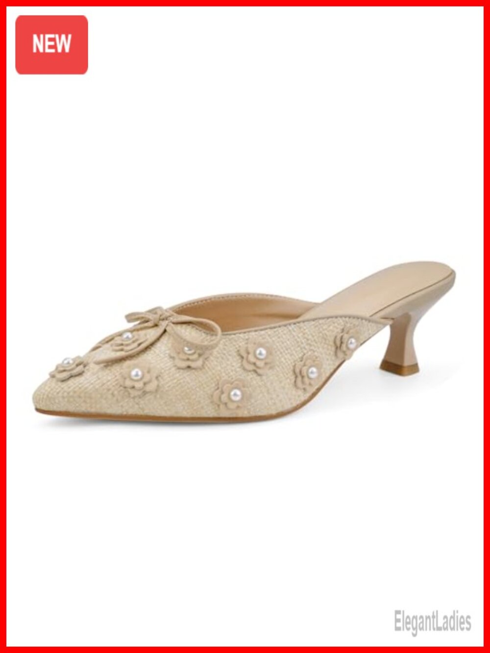 Kitten Heel Mules Pointed Toe Faux Raffia Slip On Casual Pumps